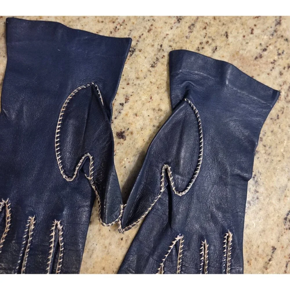 Vintage Womens Size XS S 6 1/4 Blue Leather Formal Gloves Contrast Stitching